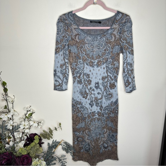 PERUVIAN CONNECTION Pima Cotton Sweater Dress Ornate Sky Blue Cocoa Brown {M14} - Picture 2 of 5